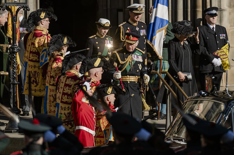 The Princess Royal, her husband Vice Admiral Timothy Laurence, King Charles III and the Queen Consort leave St Giles' Cathedral after the service of prayer and reflection for Queen Elizabeth II's life.