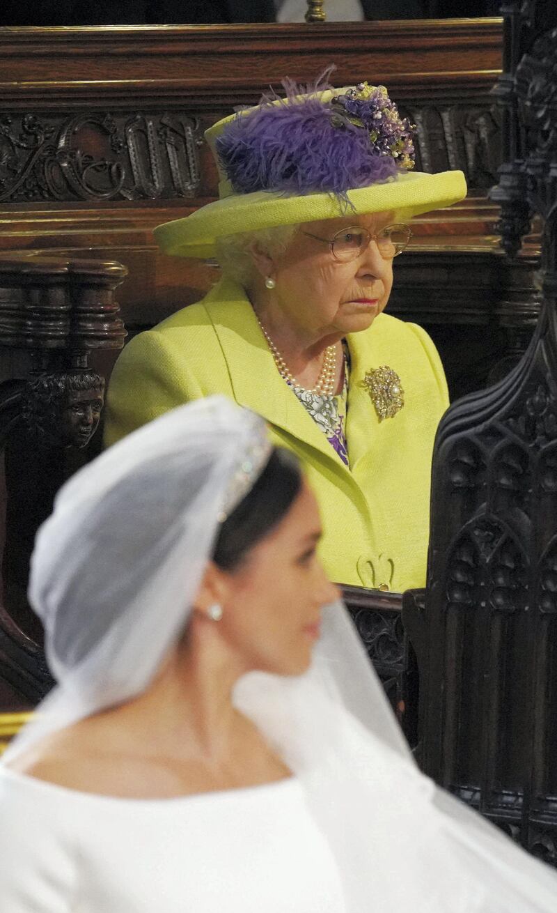 WINDSOR, UNITED KINGDOM - MAY 19: Queen Elizabeth II looks on during  the wedding of Prince Harry to Meghan Markle on May 19, 2018 in Windsor, England. (Photo by  Jonathan Brady - WPA Pool/Getty Images)