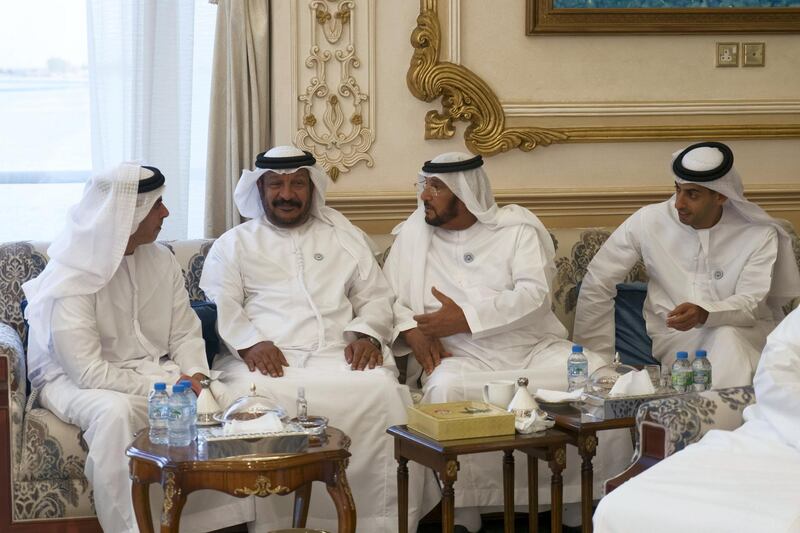 ABU DHABI, UNITED ARAB EMIRATES - October 08, 2018: (L-R) HH Lt General Sheikh Saif bin Zayed Al Nahyan, UAE Deputy Prime Minister and Minister of Interior, HH Sheikh Saeed bin Mohamed Al Nahyan, HH Sheikh Mohamed bin Butti Al Hamed and HH Sheikh Khaled bin Zayed Al Nahyan, Chairman of the Board of Zayed Higher Organization for Humanitarian Care and Special Needs (ZHO), attend a Sea Palace barza.

( Rashed Al Mansoori / Crown Prince Court - Abu Dhabi )
---