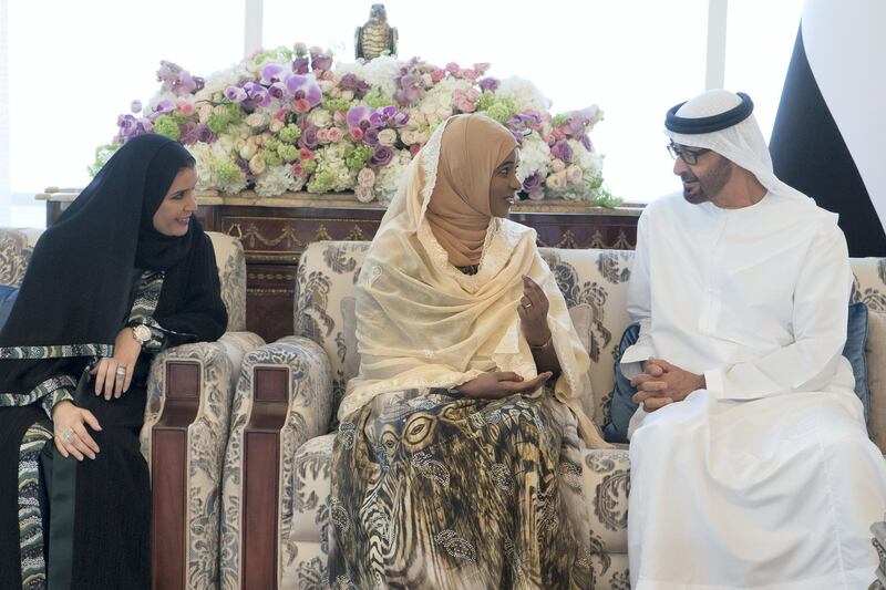 ABU DHABI, UNITED ARAB EMIRATES - June 17, 2019: HH Sheikh Mohamed bin Zayed Al Nahyan, Crown Prince of Abu Dhabi and Deputy Supreme Commander of the UAE Armed Forces (R) receives Keria Ibrahim, Speaker of the Ethiopian House of Federation (C) during a Sea Palace barza. Seen with HE Dr Amal Abdullah Al Qubaisi, Speaker of the Federal National Council (FNC) (L). 

( Rashed Al Mansoori / Ministry of Presidential Affairs )
---