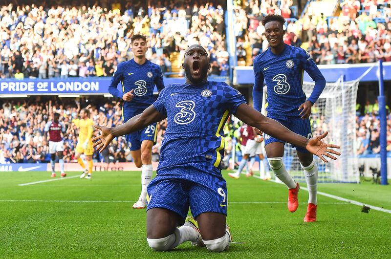 Romelu Lukaku celebrates after scoring for Chelsea against Aston Villa during the 2021/22 season when the Belgian finished with 14 goals from 44 games in all competitions. EPA