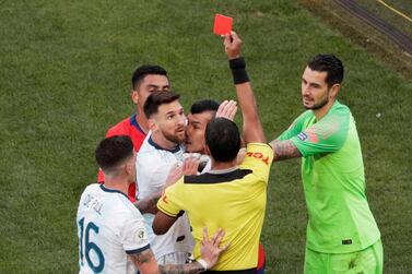 Argentina's Lionel Messi, centre, believed his red card against Chile had been retribution for public comments complaining about the officials at the Copa America. Reuters 