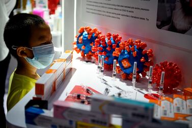 A boy looks at Sinovac Biotech's vaccine candidate for Covid-19 on display at the China International Fair for Trade in Services in Beijing on September 6, 2020. Noel Celis / AFP