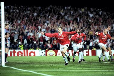 26 May 1999: Ole Gunnar Solskjaer of Manchester United celebrates his late winner during the UEFA Champions League Final against Bayern Munich at the Nou Camp in Barcelona, Spain. United scored twice in injury time to win 2-1. \ Mandatory Credit: Ben Radford /Allsport