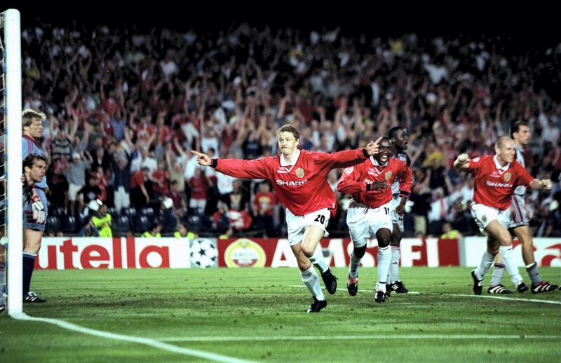 26 May 1999:  Ole Gunnar Solskjaer of Manchester United celebrates his late winner during the UEFA Champions League Final against Bayern Munich at the Nou Camp in Barcelona, Spain. United scored twice in injury time to win 2-1. \ Mandatory Credit: Ben Radford /Allsport