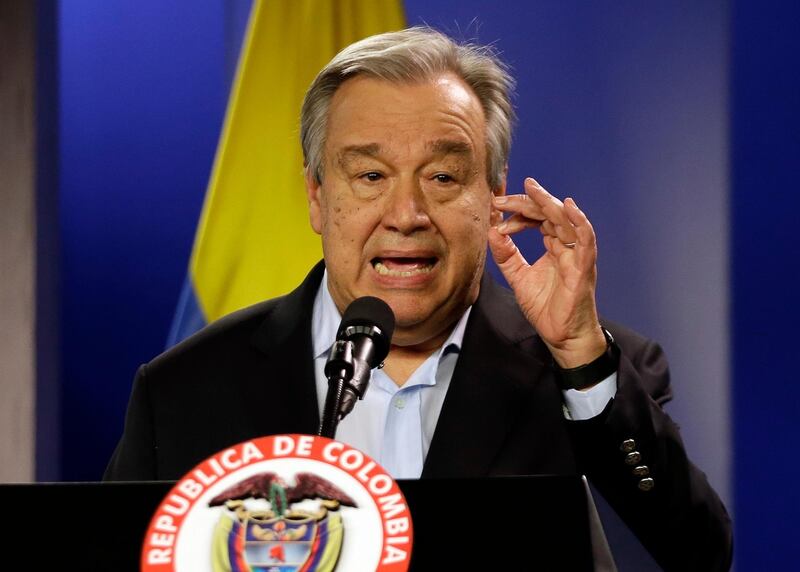 FILE - Jan. 13, 2018 file photo, U.N. Secretary-General Antonio Guterres talks to the media during a join declaration with the Colombian president, in Bogota, Colombia. Saying humanity is waging war with the planet, the head of the United Nations isnâ€™t planning to let just any world leader speak about climate change in Mondayâ€™s special â€œaction summit.â€
Guterres says only those with new specific and bold plans can command the podium and the ever-warming worldâ€™s attention.  (AP Photo/Fernando Vergara, File)