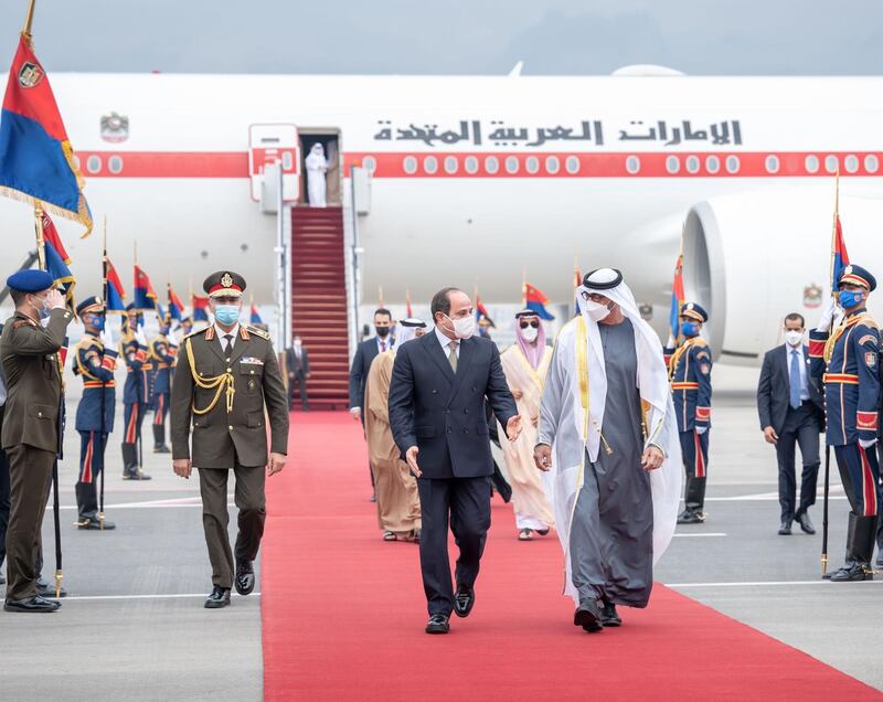 Sheikh Mohamed bin Zayed, Crown Prince of Abu Dhabi and Deputy Supreme Commander of the Armed Forces, was received by the Egyptian President Abdel Fattah Al-Sisi at the airport.