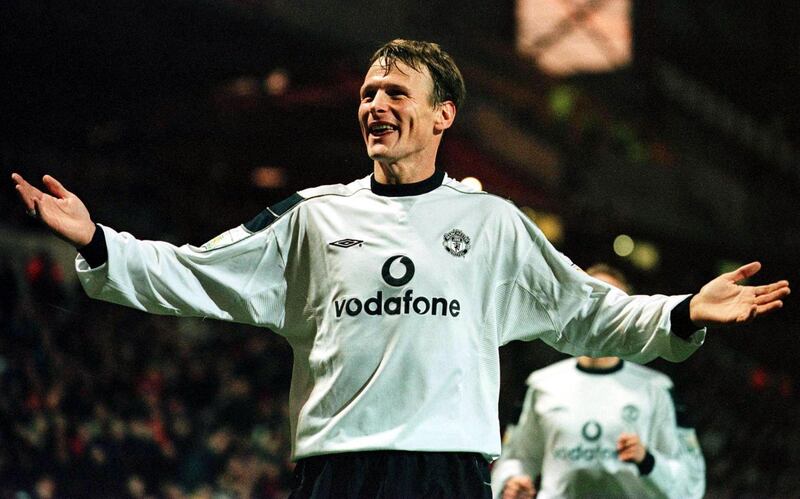 13 Jan 2001:  Teddy Sheringham of Manchester United celebrates scoring during the match between Bradford City v Manchester United in the FA Carling Premiership at Valley Parade, Bradford.   Mandatory Credit: Ross Kinnaird/ALLSPORT