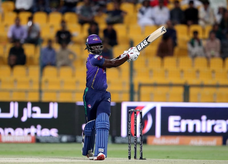 Abu Dhabi, United Arab Emirates - November 17, 2019: Bangla Tigers' Andre Fletcher hits out during the game between Karnataka Tuskers and Bangla Tigers in the Abu Dhabi T10 league. Sunday the 17th of November 2019. Zayed Cricket Stadium, Abu Dhabi. Chris Whiteoak / The National