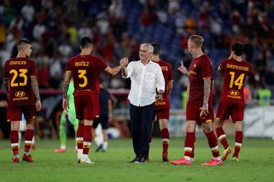 Jose Mourinho celebrates with his Roma players after the Europa Conference League play-offs second leg win over Trabzonspor.