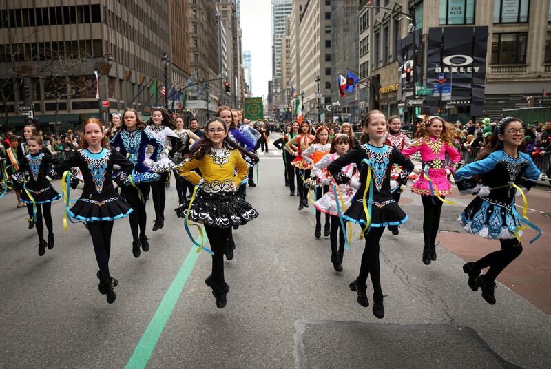 Members of the Irish Dancing and Music Association of America perform during the annual Saint Patrick's Day parade on 5th Avenue in Manhattan in New York City. Reuters