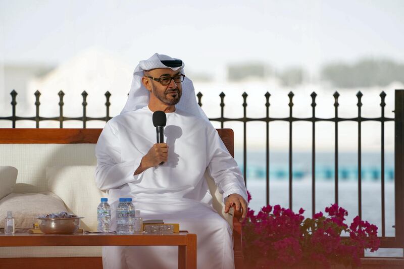 ABU DHABI, UNITED ARAB EMIRATES - March 16, 2020: HH Sheikh Mohamed bin Zayed Al Nahyan, Crown Prince of Abu Dhabi and Deputy Supreme Commander of the UAE Armed Forces (C), delivers a speech about the UAE’s Covid19 response, during a Sea Palace barza.

( Mohamed Al Hammadi / Ministry of Presidential Affairs )
---