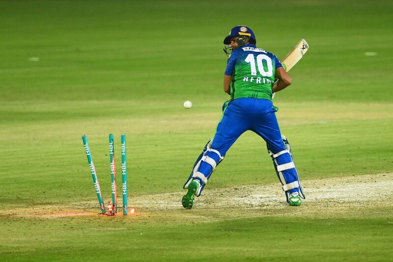 Multan Sultans' Shahid Afridi is bowled by Haris Rauf.  AFP