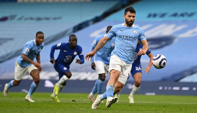 Manchester City's Sergio Aguero missed his penalty chance against Chelsea. AP