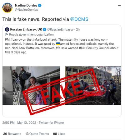 Screengrab from the Twitter feed of Nadine Dorries showing a tweet by the Russian embassy in the UK, which was branded 'fake news' by the culture secretary and which has been removed by Twitter. 