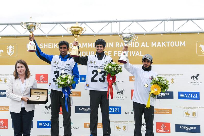 Winners hoist up their cups at the Sheikh Mohammed bin Rashid Al Maktoum UK Endurance Festival, which is considered the final stage before World Cup Endurance in the US/.