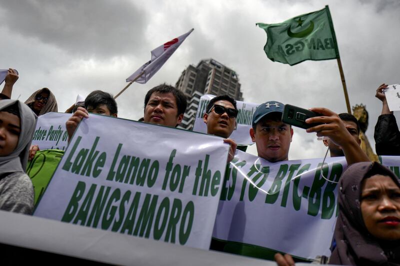 MANILA, PHILIPPINES - JULY 11: Muslim and Christian activists hold a picket during the bicameral talks between Philippine senate and congress that would determine the fate the Muslim community's long time bid for self-governance and self-determination, on July 11, 2018 in Manila, Philippines. The Musilm separatist group, Moro Islamic Liberation Front and the government in the latest peace accord last 2014, had agreed on a comprehensive agreement that would ultimately be drafted and signed into law that gives the MILF and its Muslim constiruents an extended autonomy compared to the existing autonomous governance first setup by the government and preceding rebel group, the MNLF. Moro Islamic Liberation Front chief negotiator Mohagher Iqbal said that this agreement is the only political solution the Moro problem that has resulted to nearly half a century of conflict in the southern Philippines.  (Photo by Jes Aznar/Getty Images)