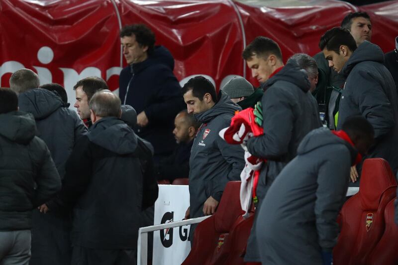 LONDON, ENGLAND - JANUARY 24:  Henrikh Mkhitaryan of Arsenal watches on from the bench  during the Carabao Cup Semi-Final Second Leg at Emirates Stadium on January 24, 2018 in London, England.  (Photo by Julian Finney/Getty Images)