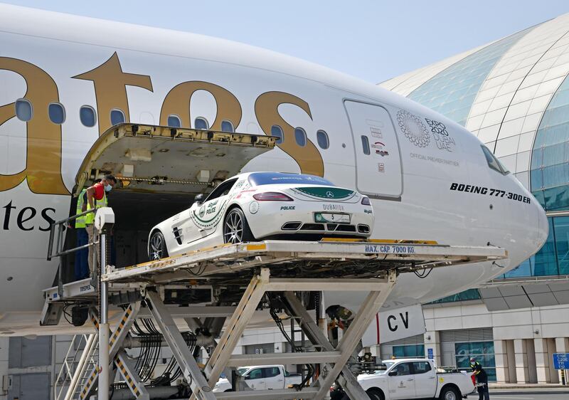 The Dubai Police V8 Mercedes Benz SLS AMG was flown to Milan in Italy by Emirates SkyCargo, to take part in the Mille Miglia tour. Courtesy Dubai Police