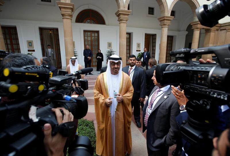 Sheikh Mohammed bin Zayed, Crown Prince of Abu Dhabi and Deputy Supreme Commander of the Armed Forces, before a meeting with India’s prime minister Narendra Modi at Hyderabad House in New Delhi on Wednesday. Adnan Abidi / Reuters