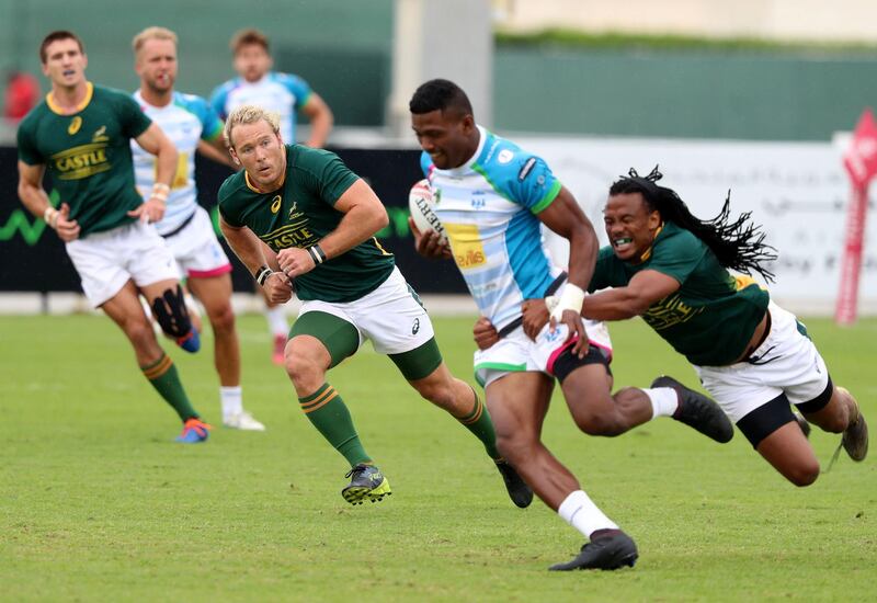 Dubai, United Arab Emirates - December 07, 2019: Werner Kok (M) of South Africa in the game between South Africa 7s Academy and Speranza 22 in the Int Invitational at the HSBC rugby sevens series 2020. Saturday, December 7th, 2019. The Sevens, Dubai. Chris Whiteoak / The National