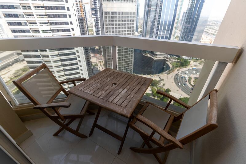 The balcony of Ms Goma's apartment in Jumeirah Lakes Towers, Dubai.