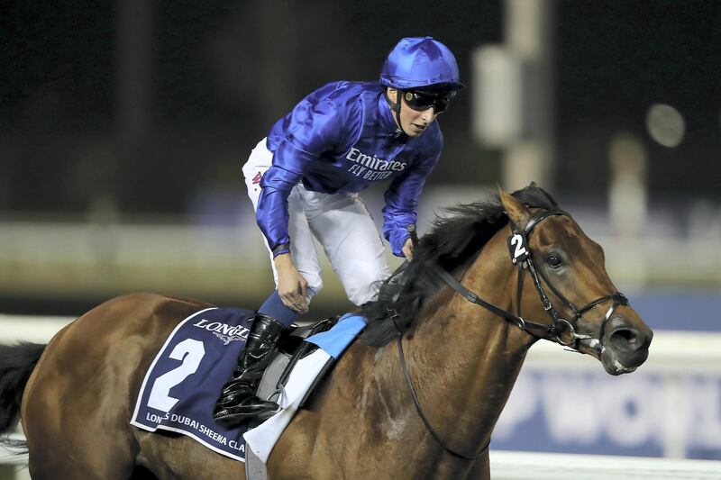 DUBAI , UNITED ARAB EMIRATES , MARCH 30  – 2018 :- Old Persian (GB) ridden by William Buick ( no 2  ) won the 8th horse race Longines Dubai Sheema Classic 2410m turf  during the Dubai World Cup held at Meydan Racecourse in Dubai. ( Pawan Singh / The National ) For News/Sports/Instagram/Big Picture. Story by Amith/Rupert