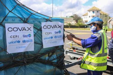 Boxes of Oxford/AstraZeneca Covid-19 vaccines, part of the the Covax programme, which aims to ensure equitable access to Covid-19 vaccinations, arrive by plane in Antananarivo, Madagascar, on May 8. AFP