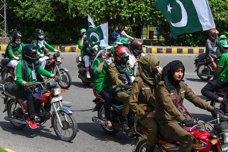 Motorbike riders take part in an independence rally in Lahore. AFP
