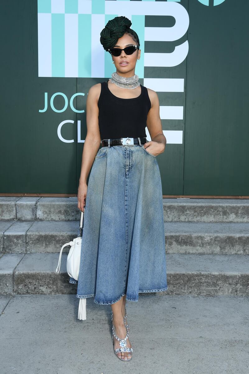 Tessa Thompson, in Miu Miu, attends a Miu Miu event on June 29, 2019 in Paris, France. Getty Images