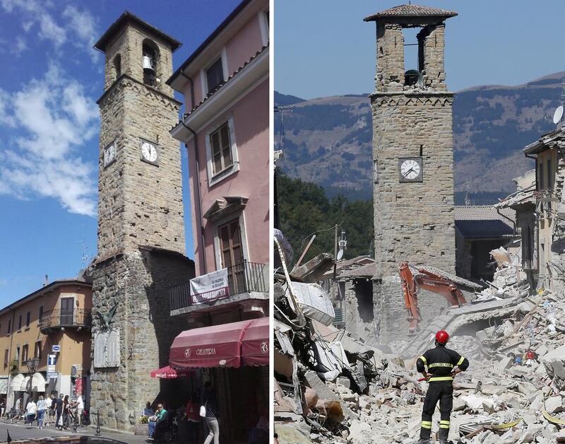 Amatrice’s 800-year-old clock tower, which was built well with high-quality materials, survived the earthquake on August 24 this year. AP Photo