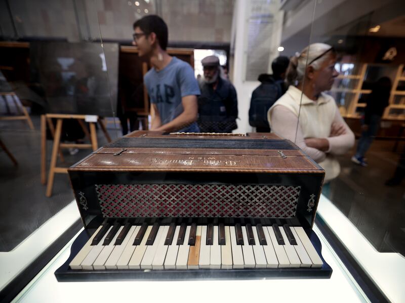 The accordion of a Holocaust victim is exhibited at the Memory and Tolerance Museum in Mexico City, Mexico. EPA 