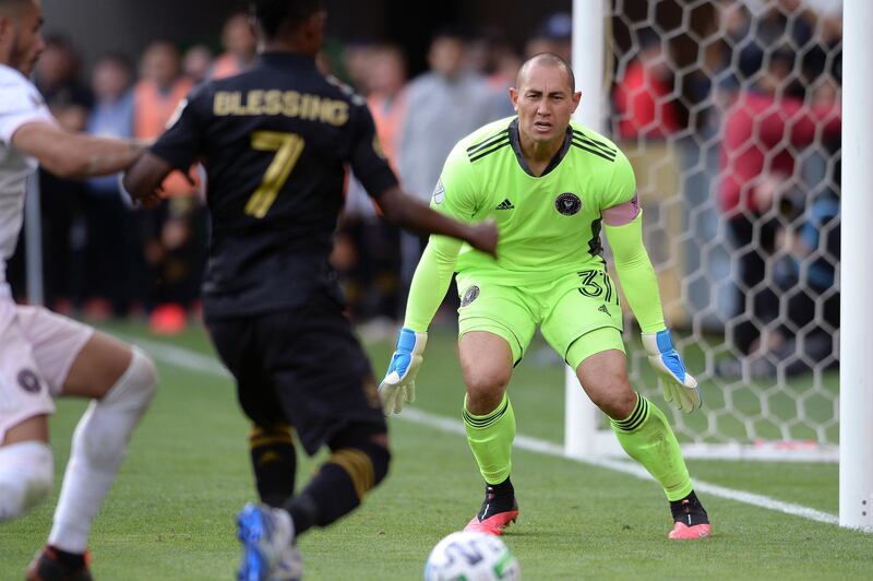 Inter Miami goalkeeper Luis Robles prepares for a shot. Reuters