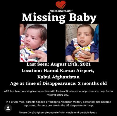 Sohail Ahmadi, about two-months-old, is seen in these handout pictures shown on a poster, taken in August 2021 in Kabul, Afghanistan. Ahmadi family via Reuters