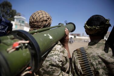 A Houthi fighter at a gathering aimed at mobilising more fighters for the Iranian-backed movement in Yemen's capital, Sanaa. AP