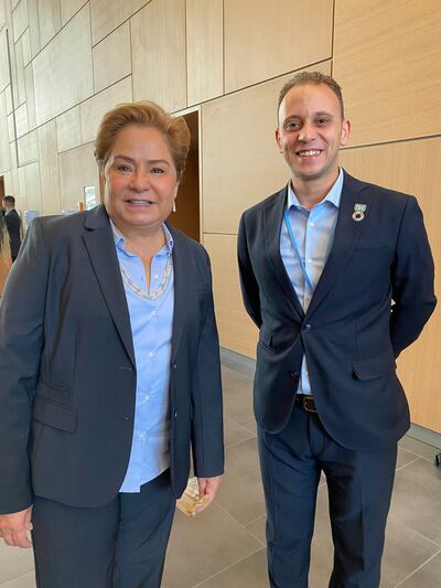 Youth Love Egypt director Ahmed Fathy with Patricia Espinosa, executive secretary of the UN Framework Convention on Climate Change. Photo courtesy Ahmed Fathy