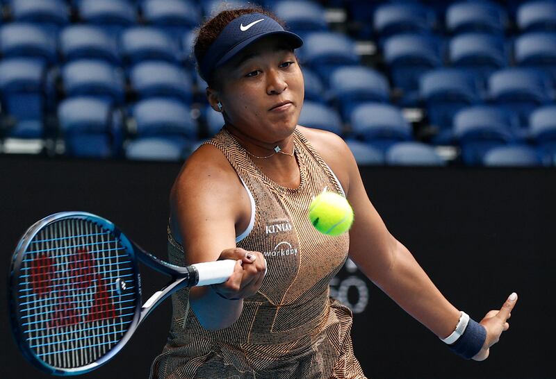 MELBOURNE, AUSTRALIA - JANUARY 04: Naomi Osaka of Japan plays a forehand shot in her match Against Alize Cornet of France during the Melbourne Summer Set at Melbourne Park on January 04, 2022 in Melbourne, Australia. (Photo by Darrian Traynor / Getty Images)