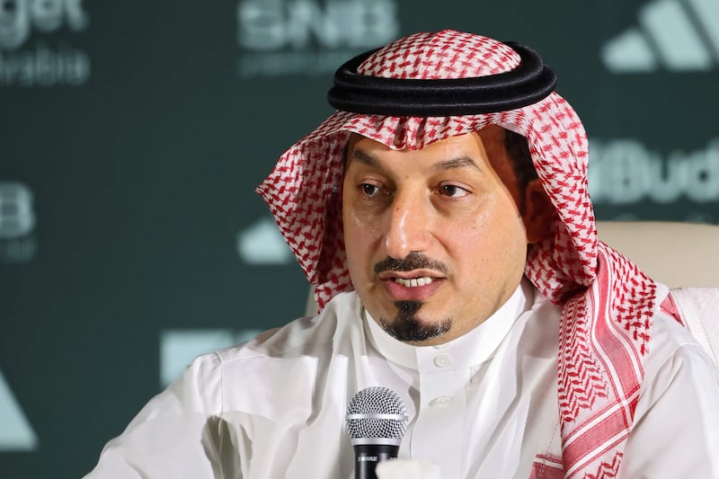 The president of the Saudi Arabian Football Federation, Yasser al-Misehal speaks during the press conference. AFP