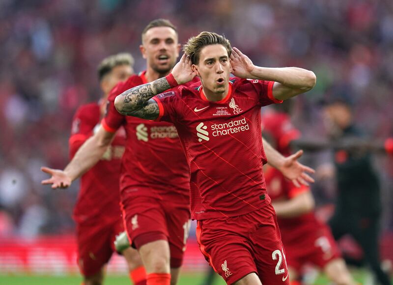 Liverpool's Kostas Tsimikas celebrates scoring the winning penalty against Chelsea in the FA Cup final at Wembley Stadium, on May 14. PA