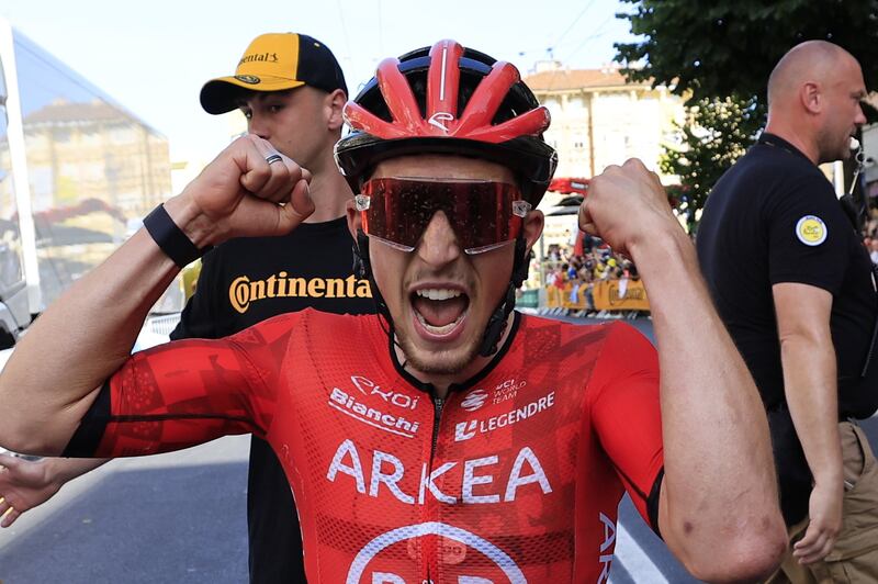 Kevin Vauquelin of Team Arkea-B&B Hotels celebrates after crossing the finish line to win the stage. EPA