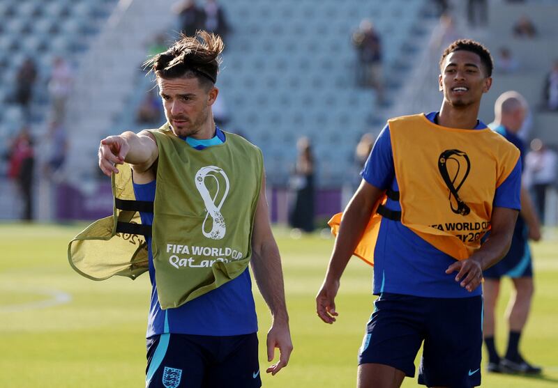 England's Jude Bellingham and Jack Grealish during training. Reuters