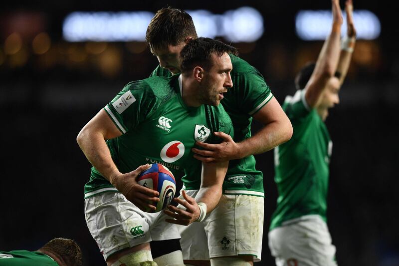 Ireland's Jack Conan celebrates after scoring their team's third try. AFP