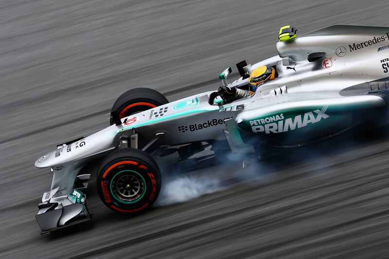 Hamilton during practice for the Malaysian Grand Prix at the Sepang Circuit in Kuala Lumpar on March 22, 2013. Getty Images