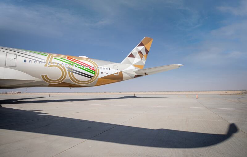 The aircraft has a custom livery that pays tribute to the UAE's golden jubilee and Etihad's commitment to net-zero carbon emissions by 2050.