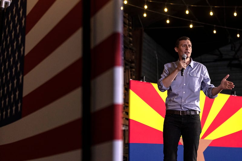 Republican candidate for US Senate for Arizona Blake Masters speaks at a rally in Queen Creek, Arizona. EPA
