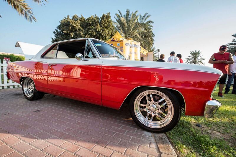 ABU DHABI, UNITED ARAB EMIRATES, 28 OCTOBER 2018 - A Chevy Nova SS 1996 model owned by Carlos J at the Street Meet modified cars event, Abu Dhabi City Golf Club.  Leslie Pableo for The National for Adam Workman's story