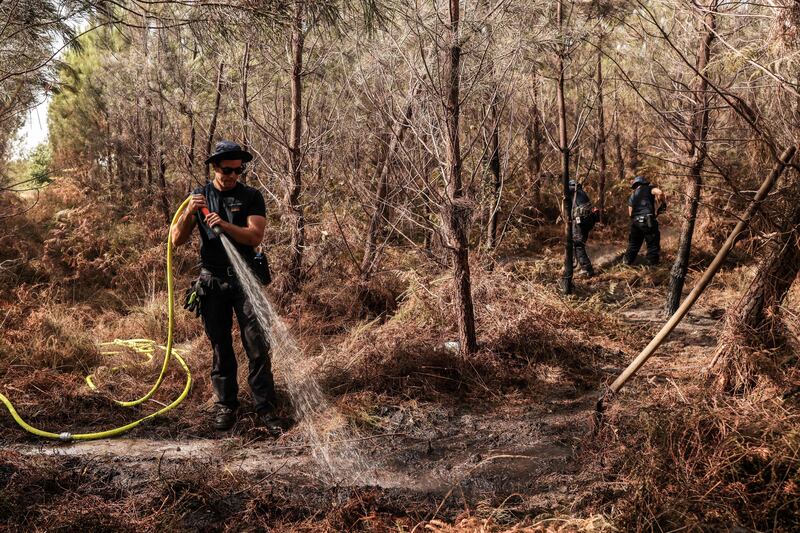 A German firefighter sprays water to put out lingering hotspots left by a wildfire near Belin-Beliet. AFP