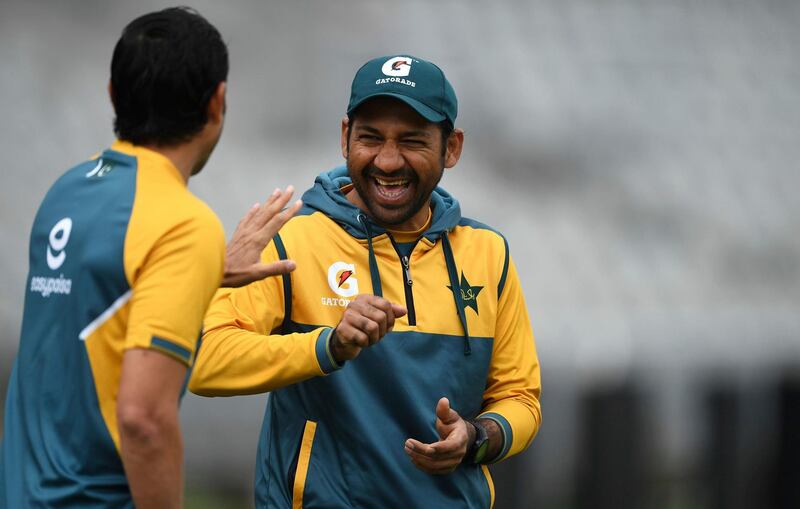 Sarfaraz Ahmed of Pakistan has a laugh during training. AP