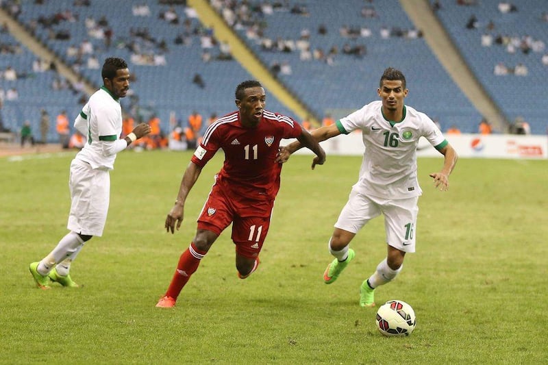 UAE's Ahmed Khalil shown during the 2014 Gulf Cup semi-final against Saudi Arabia in Riyadh. Anas Kanni / Al Ittihad / November 23, 2014