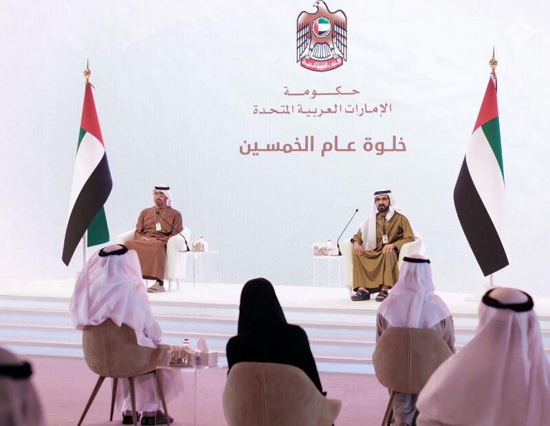 Sheikh Mohammed bin Rashid, Vice President and Ruler of Dubai, and Sheikh Mohamed bin Zayed, Crown Prince of Abu Dhabi and Deputy Supreme Commander of the Armed Forces, chair the government retreat on Tuesday. Courtesy: Dubai Media Office